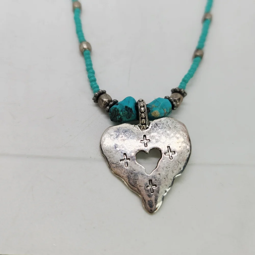 Vintage C Stein Heart W Stamped Cross Pendant Turquoise Bead Necklace Southwest - Picture 2 of 6
